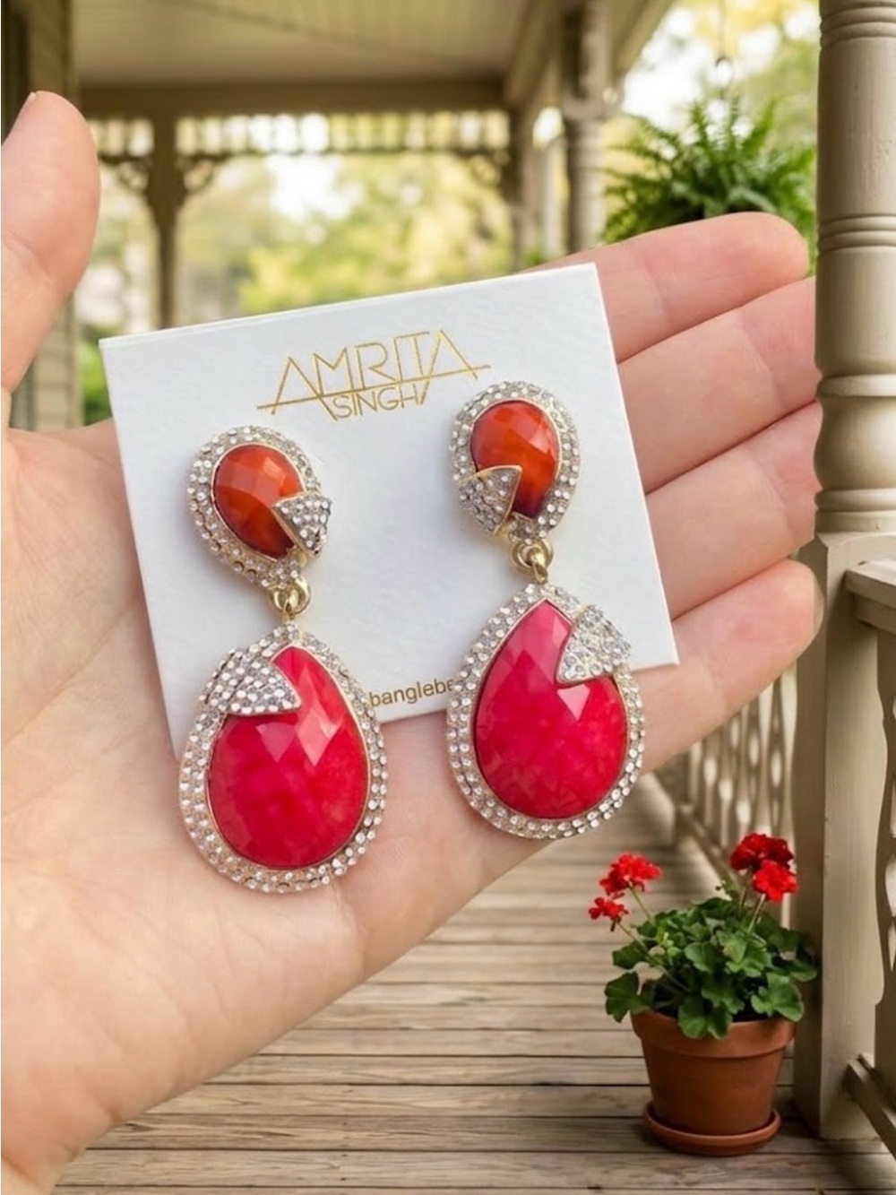 New !! Amrita Singh Hot Pink and Coral Teardrop Crystal Earrings